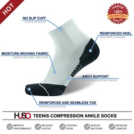 Tennis Ankle Socks HUSO Extra Cushion Reinforced Compression Support Running Low Cut Socks for Men White 3 Pairs