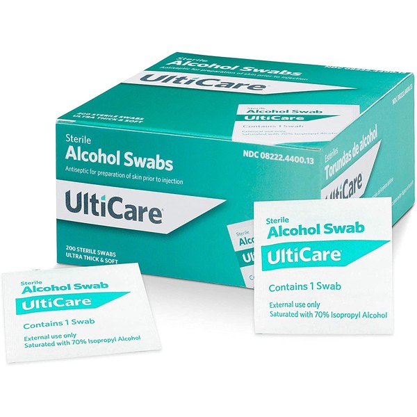 UltiCare Multi-Purpose Sterile and Antiseptic 2-Ply Alcohol Swabs: Ultra Thick and Soft, Individually Foil Wrapped, Saturated with 70% Isopropyl Alcohol, 200 Count
