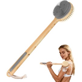 Back Scrubber for Shower - Double-Sided Silicone and Super-Dense Bristles for Deep Cleaning & Exfoliation, Bamboo Long Handle with Wider Anti-Slip Grip, Body Exfoliator for Wet or Dry Brushing