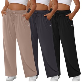 Neer 3 Pack Women's Plus Size Pants, Wide Leg Lounge Loose Sweatpants High Waist Drawstring Cotton Yoga Pants with Pockets(Black, Khaki, Dark Gray,3X-Large)