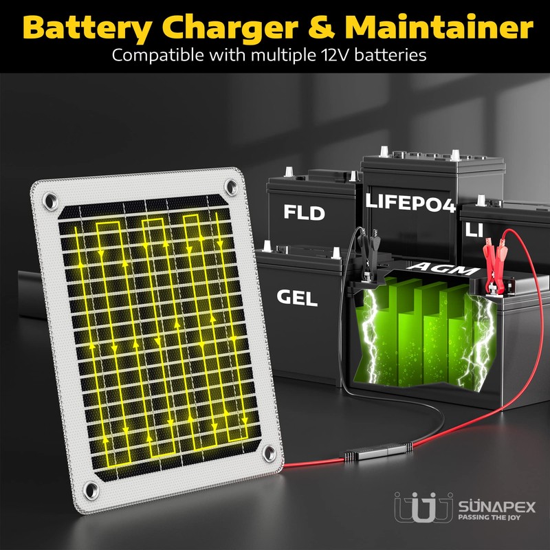 SUNAPEX 12V 5 Watt Solar Trickle Charger Maintainer - Waterproof