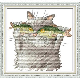 DIY Stamp Cross Stitch Embroidery Kit, Full Range Pre-Printed Starter Kits for Beginners - I Like Fish 26x25cm
