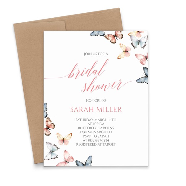 Butterfly Bridal Shower Invitation Personalized, Custom Pink and Blue Bridal