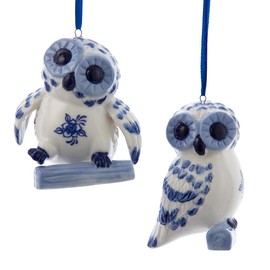 Kurt Adler 3-Inch Blue Porcelein Owl Ornament, 2 Assorted