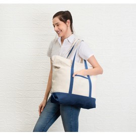 SOUS HOUSE Zippered Cotton Canvas Tote Bag – Reusable Shopping Bag for Gym, Beach, Travel – Spacious with External Pocket (Blue)