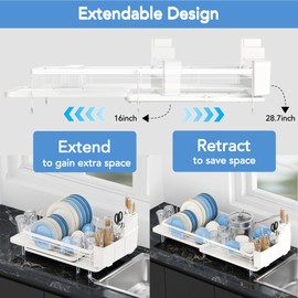 ROTTOGOON Expandable Dish Drying Rack,Multifunctional Adjustable Dish Drainer with Swivel Spout and Anti-Rust Dish Rack with Removable Cutlery & Cup Holders for Kitchen Counter,White