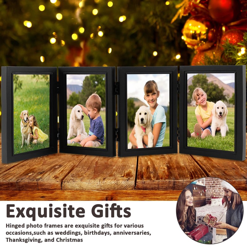 Photo Frame Hold 4 Photos, 4x6 Hinged Folding Wood Picture