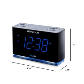Emerson CKS1507 Smartset Radio Alarm Clock, 1.4" Blue LED Digital Display, USB Charging Port, Brightness Dimmer Controls, Bluetooth Connectivity, Set Alarm to Radio, Music, or Buzzer, Black