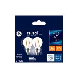 GE Lighting 31914 Clear Finish Light Bulb Reveal HD Dimmable LED Decorative G16.5 Globe 4.5 (40-Watt Replacement), 290-Lumen Candelabra Base, 2 Count (Pack of 1)