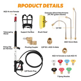 Telescoping Pressure Washer Wand, 24FT Power Washer Extension Wand with 7 Spray Nozzles Tips and Brush Head, 2 Hose Inlet Adapters, Support Harness, 4000 PSI Gutter Cleaner for Roof Wall Clean