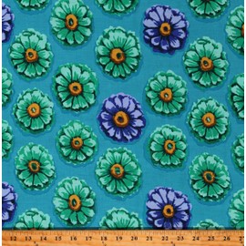 Free Spirit Cotton Kaffe Fassett 85 & Fabulous Zinnia Blue Floral Flowers Cotton Fabric Print by The Yard (PWGP031.Blue), Turquoise