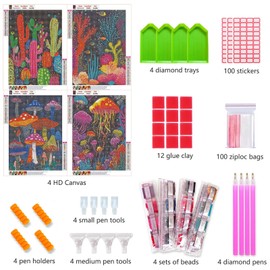 Vibeascomfotaler 4 Pack 5D Diamond Art Kits for Adults-Premium Canvas Without Creases-Easy Diamond Painting Kits for Adults-Coral, Cacti, Jellyfish, Mushrooms,Themes for DIY Craft and Home Decor.A008