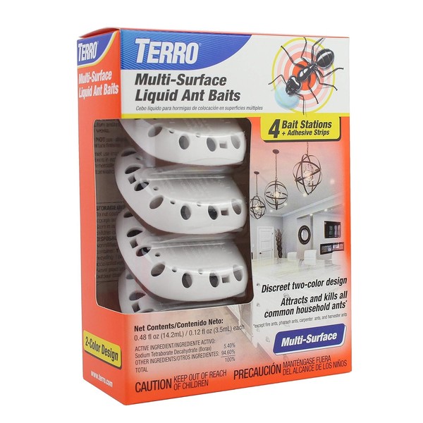 TERRO T334B Indoor Multi-Surface Liquid Ant Bait and Ant Killer - 4 Discreet Ant Bait Stations - Kills Common Household Ants