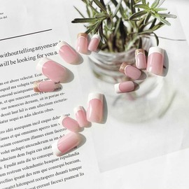 SINLOV Medium French Fake Nails Nude Love Heart Square False Nails Glossy Press on Nails Ballerina Acrylic Full Cover Fake Nails for Women and Girls