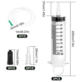 Pack of 3 Syringes 100 ml, Syringe with Hose, Dosing Syringe with Adapter, Large Syringe, Disposable Syringe 100 ml, Plastic Syringe for Science Laboratories, Garden, Industry and Factories