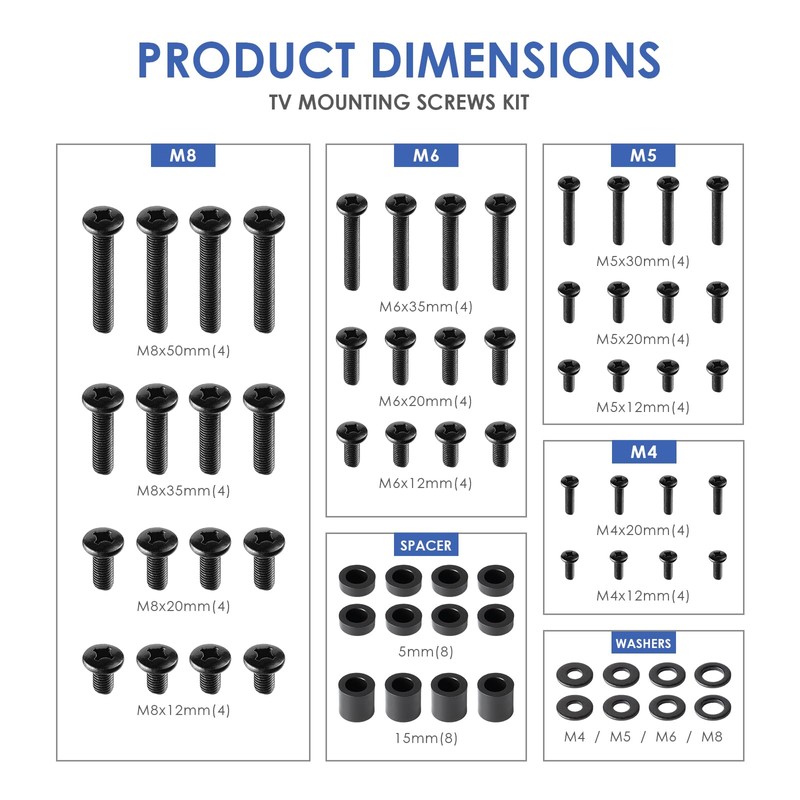 68pcs TV Mounting Screws Kit, M4/M5/M6/M8 VESA Screws, Spacers &