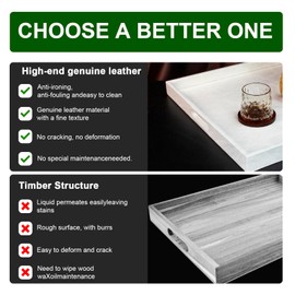 LNFUMS 18 * 12 inches Leather Rectangle Serving Tray with Hole Handles,High-End Light Large Service Tray for Ottoman Tray, Tea, Food, Butler - Countertop, Kitchen,Family Dinner, Picnic(White)