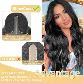 ShowCoco - Peluca negra de 26 pulgadas para mujer, pre cortada, atada a mano, con encaje, de cabello largo ondulado, línea de cabello natural, parte m