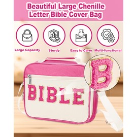 Telawsfun Bible Cover Case with Large Chenille Letter, Pink Bible Holder Bag with Shoulder Strap,Cute Bible Carrying Tote Cases for Women Teen Girls (Red)