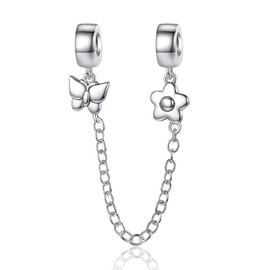 Rimgoris 925 Sterling Silver Charm for Women Bracelets Necklace Butterflies&Flowers Safety Chain Dangle Charm Gift