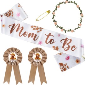 VorkiVecKi Cow Baby Shower Decorations - 4 Pcs Highland Cow Mom and Dad to Be Sash Flower Crown Pins Corsage Belt Badge Set, Gender Reveal Party Decor Supplies Maternity Pregnancy Gift for Mommy Daddy