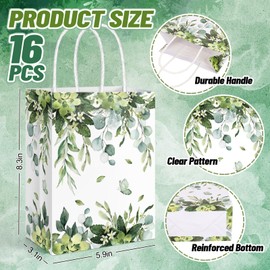 FYSUIMU 16 Pcs Eucalyptus Paper Gift Bags Succulent Greenery Leaves Party Favor Bags with Handle Watercolor Goodie Candy Treat Bags for Spring Wedding Birthday Bridal Shower