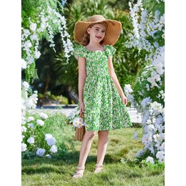 Arshiner Girls Green Floral Dress Double Layer Ruffle Sleeve Smocked Summer Outing Beach Vacation Tween Dresses Size 14-16