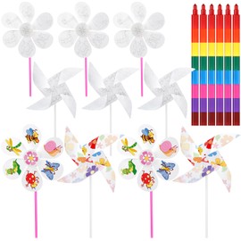 Capoda 30 Pcs DIY Pinwheels and 6 Pcs Crayon 2 Style Blank Plastic Windmills Craft Color Your Own Pinwheels White Wind Spinners for Summer School Classroom Daycare Activities Party Favors