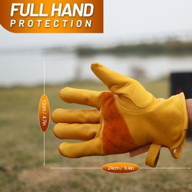 喜马拉雅 Leather Grill Gloves for Men or Women, Leaf Yellow Large Work Glove for Camping, BBQ, Gardening, Construction, Chainsaw, Farm, Ranch, Cowhide, Cotton Lined, Utility, Firm Grip, Durable
