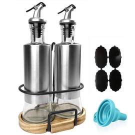Olive Oil and Vinegar Bottle Set, 2-piece Olive Oil Container Set with Rack and Wooden Base, 10.3 Oz Olive Oil Dispenser|No-Drip Double Spouts|Dishwasher-Safe Glass Cooking Oil Cruet Bottles, by upra