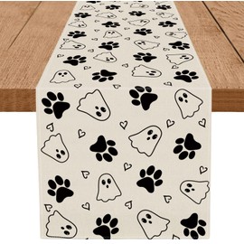 QIONG MENG Table Runner Dog Paw Burlap Table Decoration Holiday Home Party Kitchen Dining Table Supplies (Ghost Dog paw, 13'' x 72'')