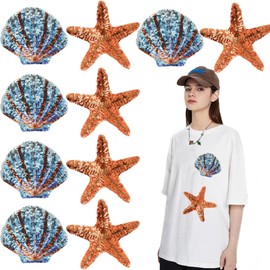 KuuGuu 10 PCS Ocean Sequin Iron on Patches Cute Cartoon Starfish Shell Applique Shiny Embroidery Patch for Clothing, Bags, Jackets, Jeans DIY Earrings Accessory Craft Valentine Christmas Decoration