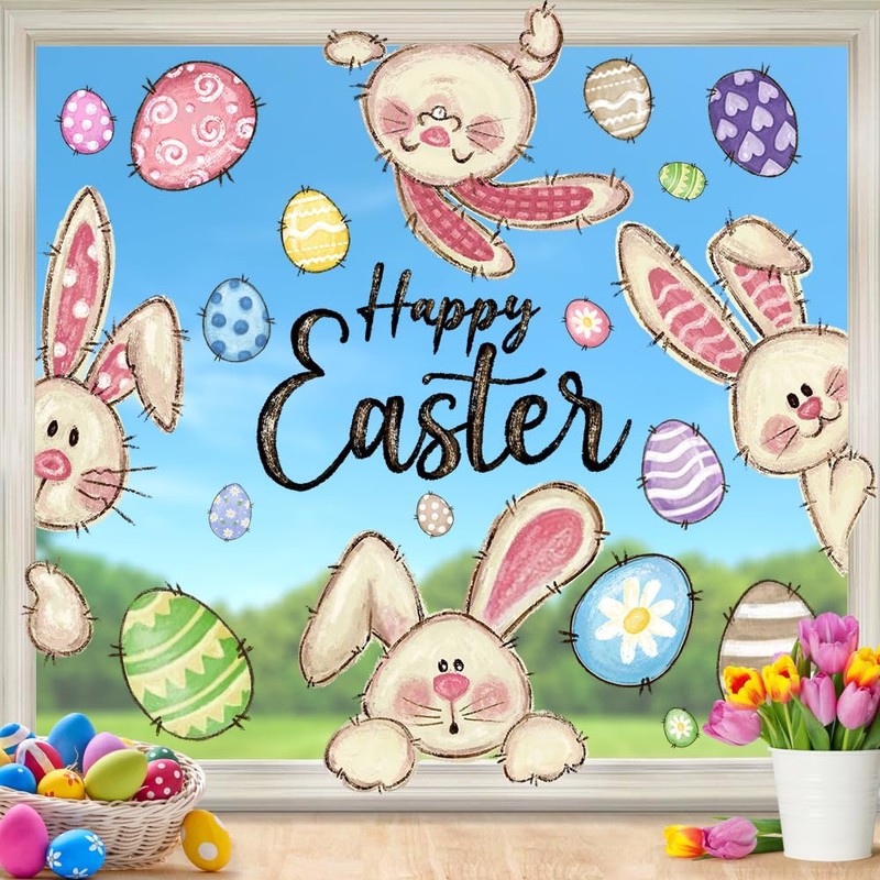 XOYTN 6 Sheets Easter Window Clings，Reusable Double-Sided Easter Bunny Rabbit