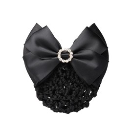 Women Hair Clip Rhinestone Bow Hair Net Satin Bow French Hair Clips Flower Hair Accessories for Stewardess, Banks, Hotels, Restaurant Staff, Black
