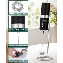 KURSINNA Powerful Milk Frother Handheld Battery Operated, Double Whisk Foam Frother Maker with Stainless Steel Stand, Drink Mixer For Coffee, Lattes, Matcha, Cappuccino (13000RPM Battery Operated)