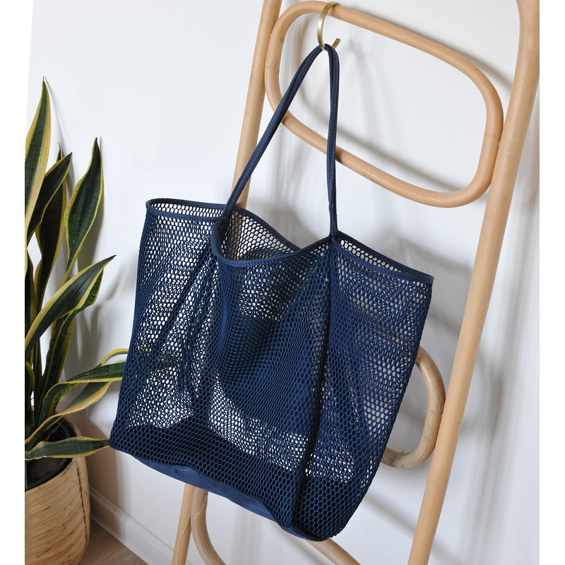 Hoxis Mesh Beach Tote Womens Shoulder Handbag, Dark Blue, L