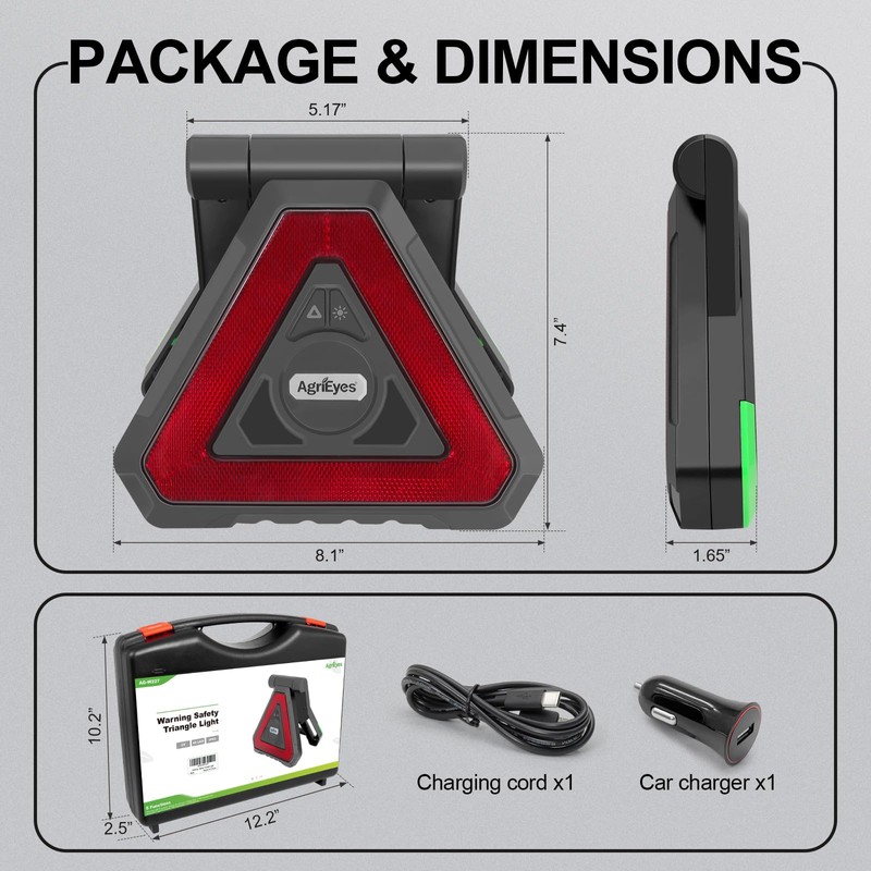 Agrieyes USB-C Rechargeable Emergency Triangle Lights, Portable Flashing LED Warning