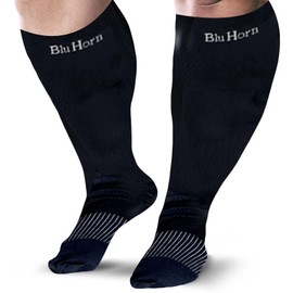 BLU HORN Knee High Compression Socks 15-20 mmHg Improves Blood Circulation for Wide Calf Travel, Running, Cycling Athletic, Color-Black