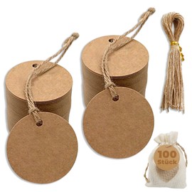 Kraft Paper Round Tag Labels, Pack of 100 Brown Gift Tags with 100 Pieces Jute Cord, 5 cm Kraft Paper Labels Tags, for Packaging, Weddings, Parties, Choice Labels, Price Tags