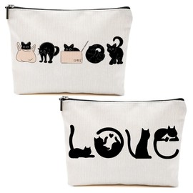 2pcs Cute Cats Minimalism Cosmetic Bags for Women, Cute Cat Themed Gifts Makeup Bag, Christmas Birthday Gifts for Women Girls Cat Mom, Zipper Bags Travel Pouch for Sister Bestie