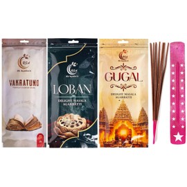 Hashcart Natural Incense Gift Set, 65-70 Sticks Each of Loban, Vakratund, Guggal Fragrance 110g Each with 1 Assorted Incense Stick Holder, 45-60 Min Burn Time