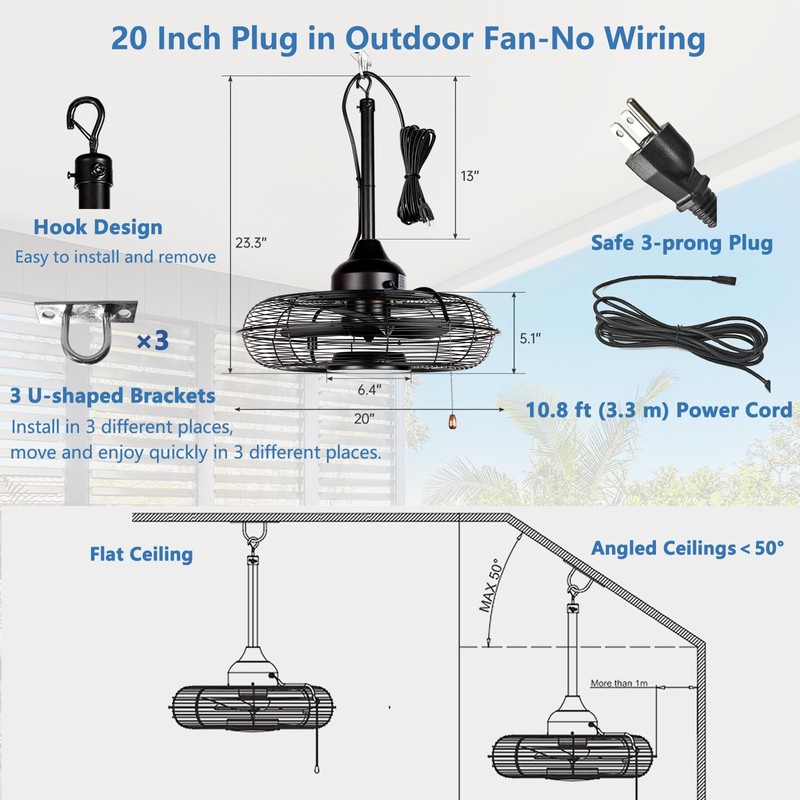 Black Outdoor Ceiling Fans with Light Remote Control Plug in