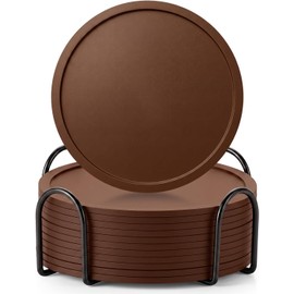 NEARPOW 12 Posavasos de Silicona con Soporte, Porta Vasos de Mesa, Marrón Portavasos absorbentes y antideslizantes con ranura. Incluye soporte de metal para proteger y organizar su mesa de comedor