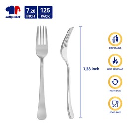 125 Count Silver Plastic Disposable Forks Heavy Duty, 7.28 Inch Heat Resistant Durable Silver Dinner Forks Perfect for Parties, Wedding, Daily Events