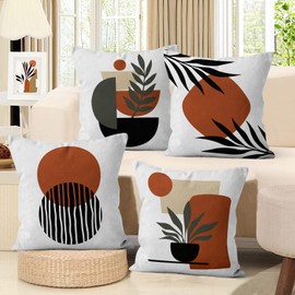 Hnmdmyi Boho Cushion Cover, 40 x 40 cm, Set of 4, Abstract Leaf Plant Sunset Decorative Cushion Covers, Geometry Line, Minimalist Modern Art, Aesthetic Linen Cushion Cover for Home Decor