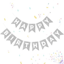 Silver Shine Happy Birthday Bunting, Kraft Paper Banner Flag for Kid Children Adult Birthday Party Decoration