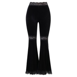 Women Gothic High Waist Flare Pants Loose Trousers Suede Fashion Solid Color Patchwork Lace Pants Medium
