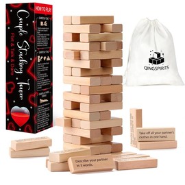 Qingspirits Wooden Tumble Tower Game for Date Night, 54pcs Exciting Stacking Blocks for Grown Ups Romantic Anniversary Valentines Gift Talking Flirting Challenge Spicy Dare Game for Couples - specification: text