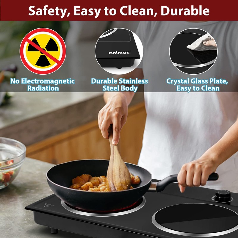 CUSIMAX Double Burner, 1800W Ceramic Electric Hot Plate for Cooking,