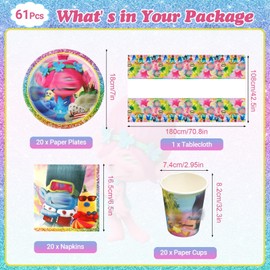 61 Pcs Party Decorations, Magic Party Supplies Tableware Set Trolls Birthday Decorations Included Party Plates Cups and Napkins Table Cloth Banner for 20 Guests Boys Girls Chrildren